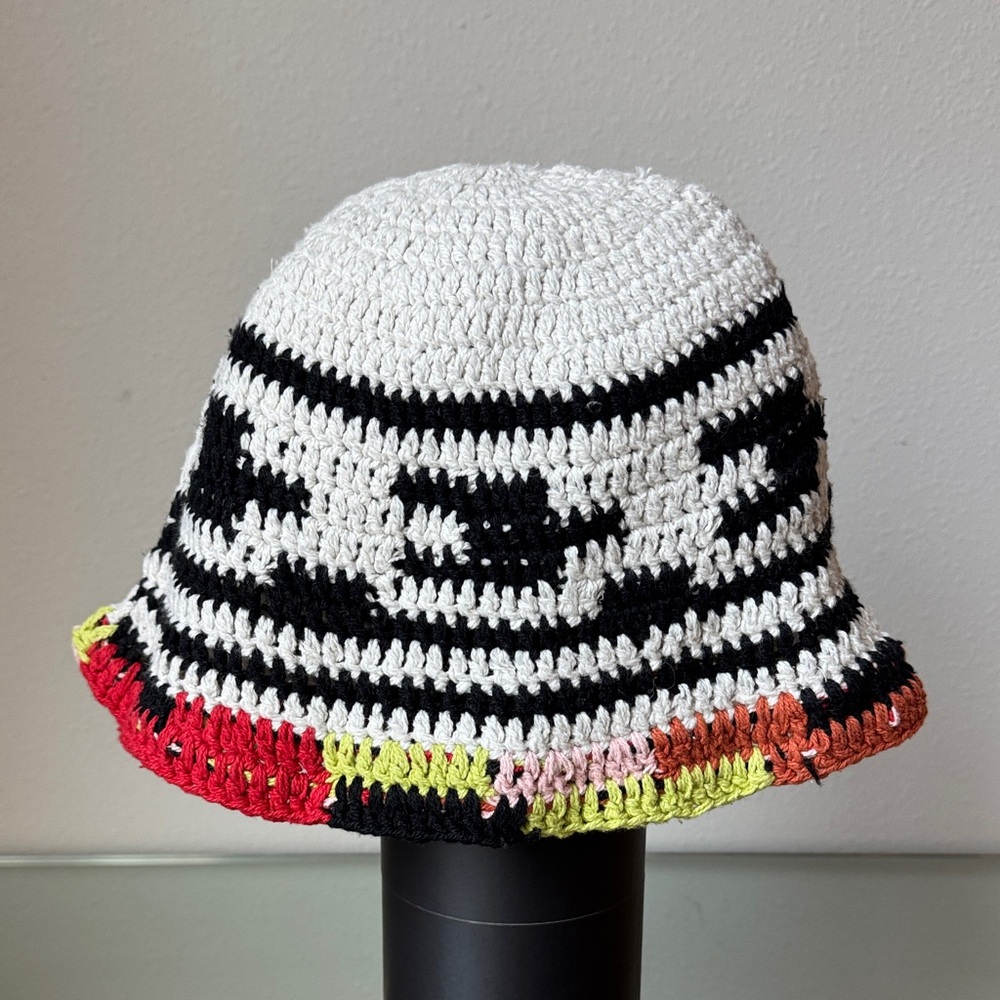Urban Outfitters Crochet Bucket Hat in White, Black & Multicolor Trim